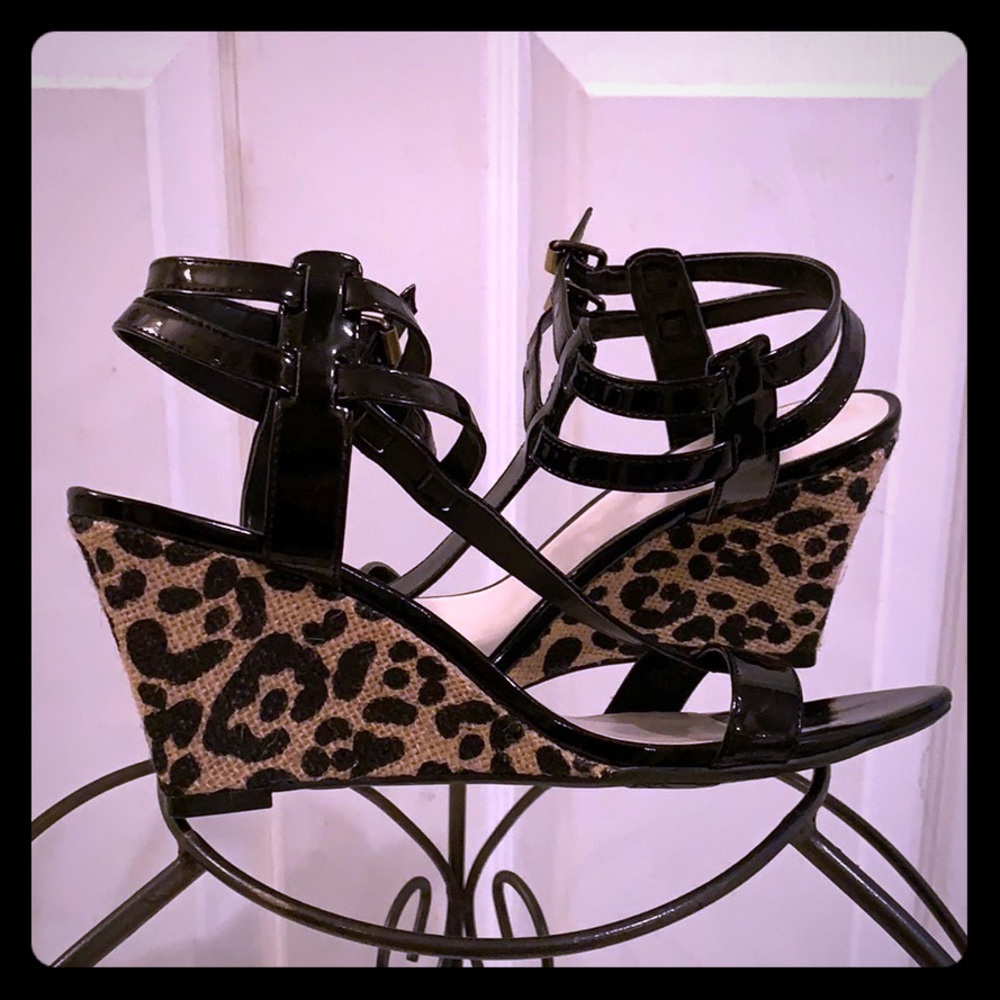 Black patent leopard wedge